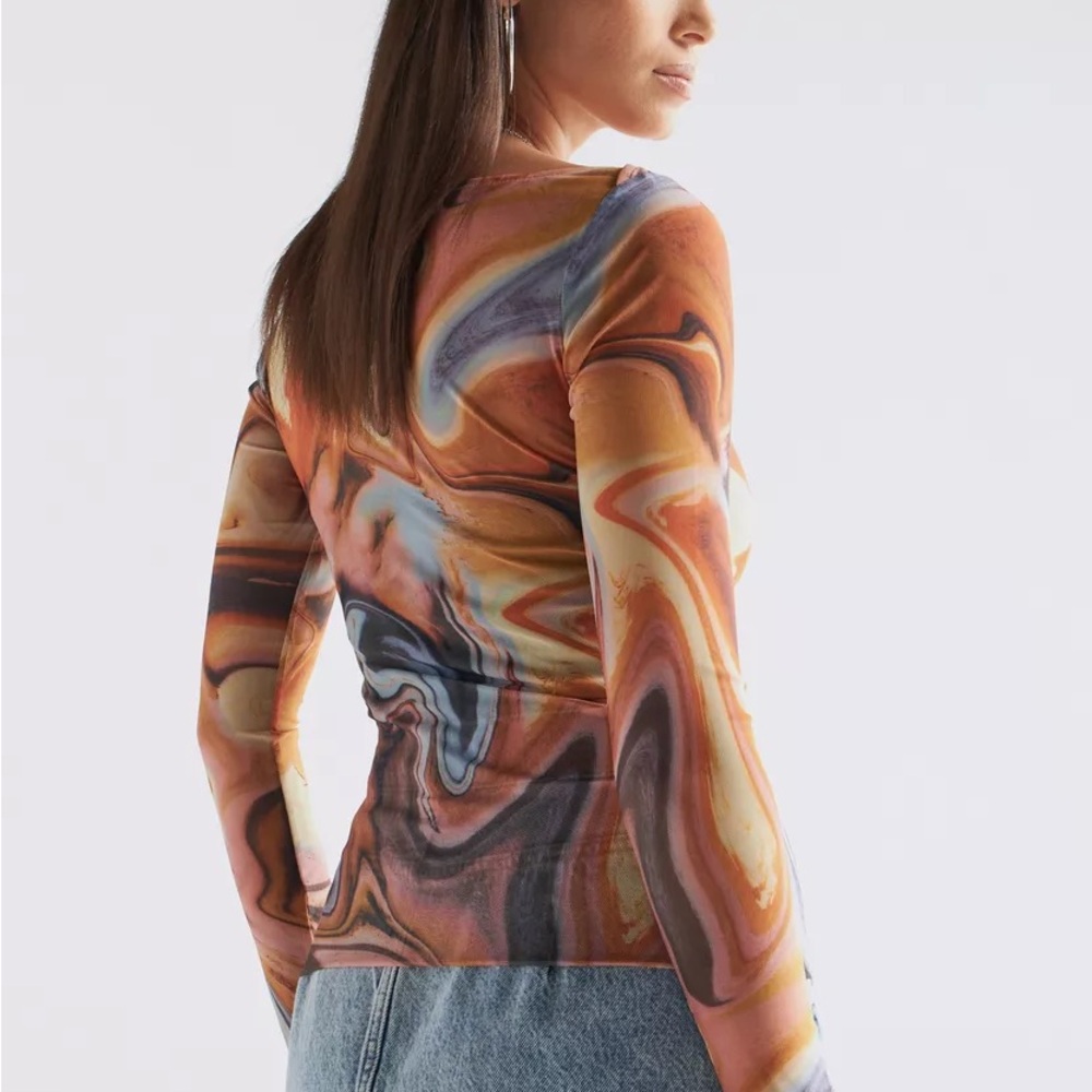Trippin’ Y2K Abstract Swirl Marble Long Sleeve Disco Shirt w/Ruching S